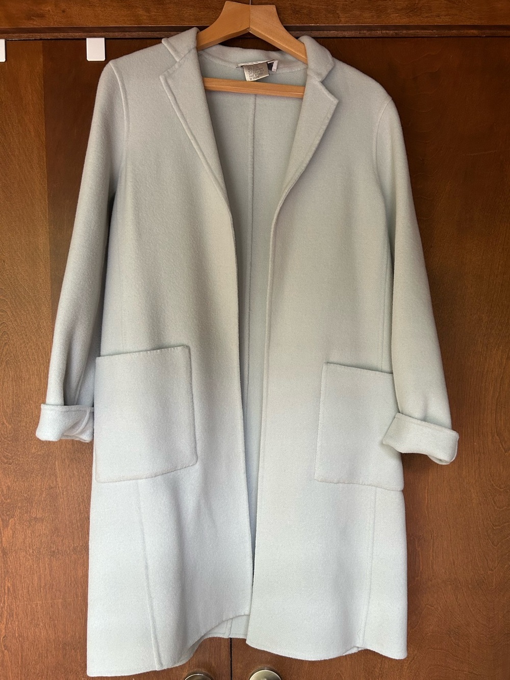 Worth Pastel Light Blue Open Front Trench Coat
